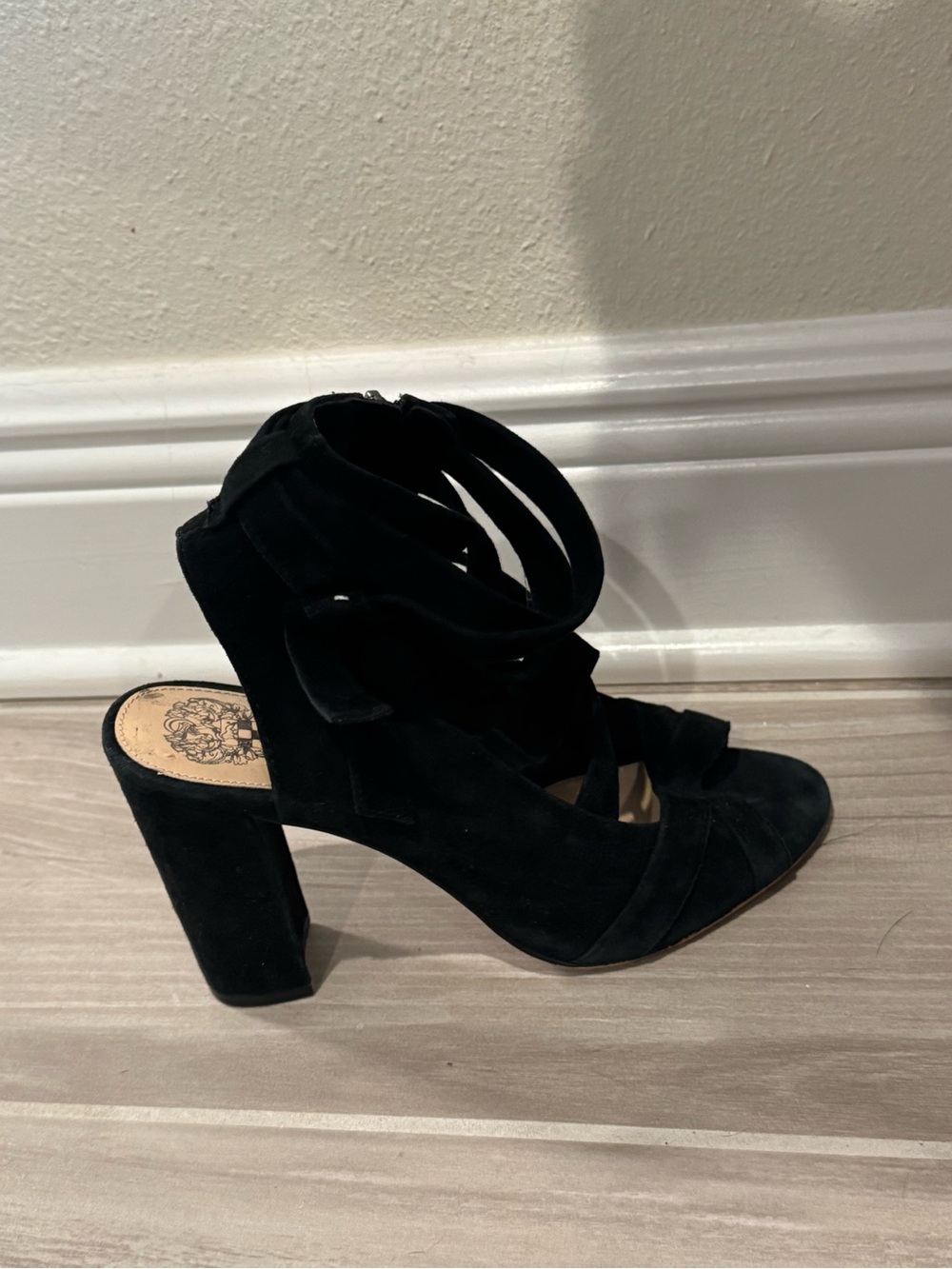 Vince Camuto Black Suede Strappy Wrap Heels - Picture 4 of 6